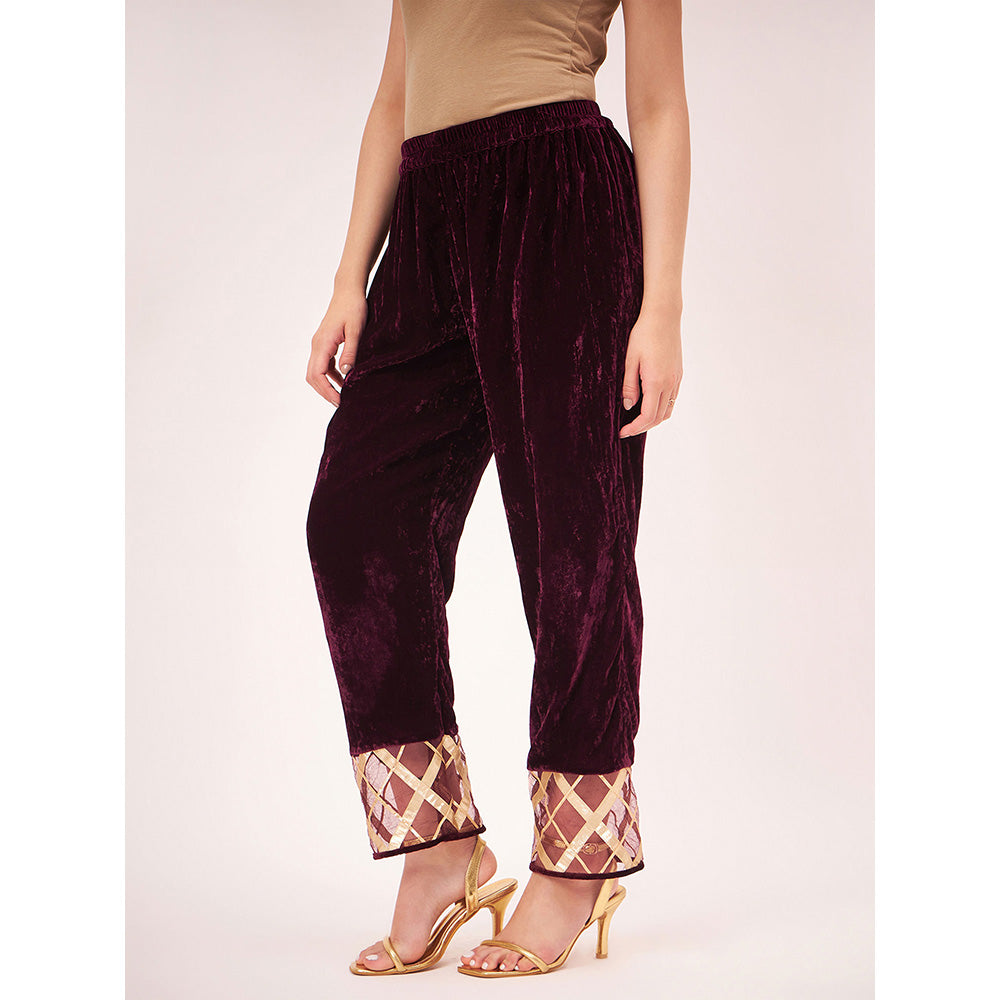 First Resort by Ramola Bachchan Maroon Silk Velvet Pants with Gota Lace Detail