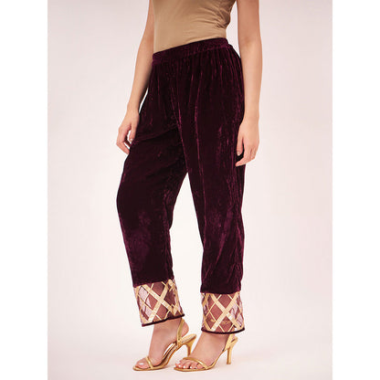 First Resort by Ramola Bachchan Maroon Silk Velvet Pants with Gota Lace Detail