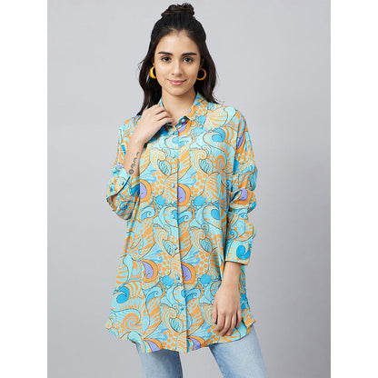 First Resort by Ramola Bachchan Blue and Citrus Orange Pucci Print Boyfriend Shirt