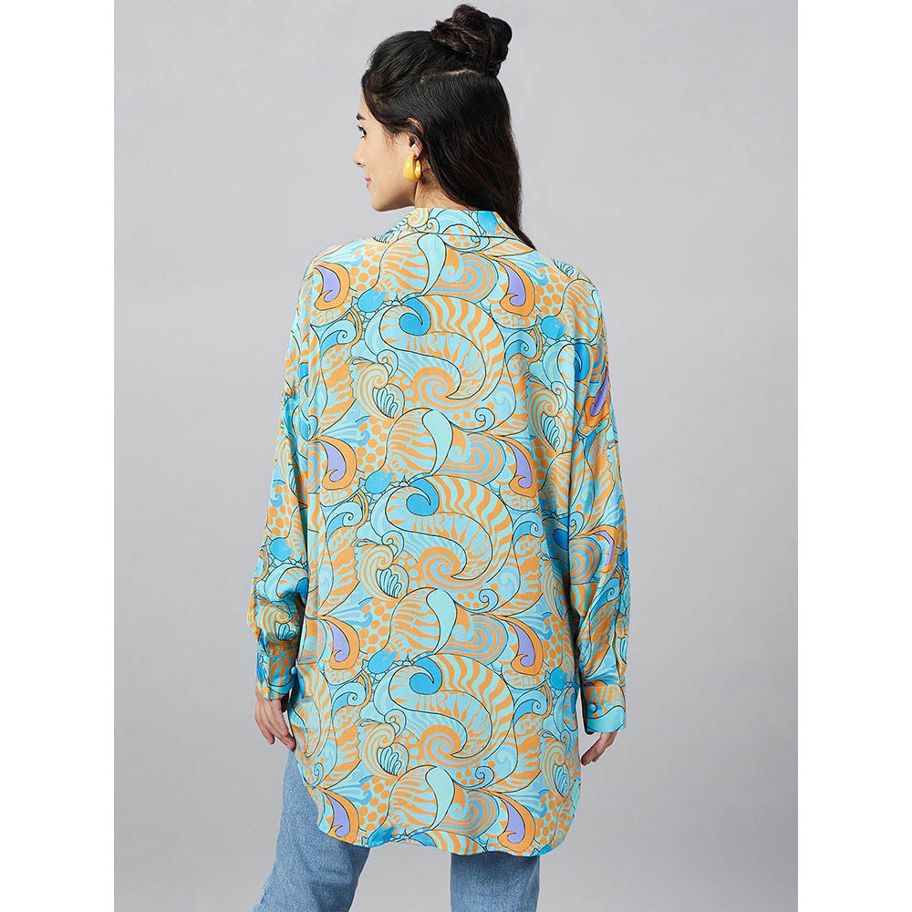 First Resort by Ramola Bachchan Blue and Citrus Orange Pucci Print Boyfriend Shirt