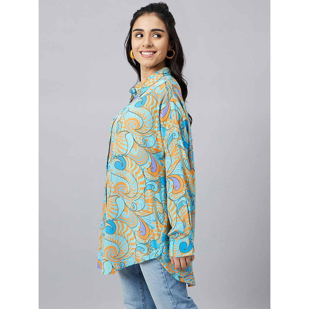 First Resort by Ramola Bachchan Blue and Citrus Orange Pucci Print Boyfriend Shirt