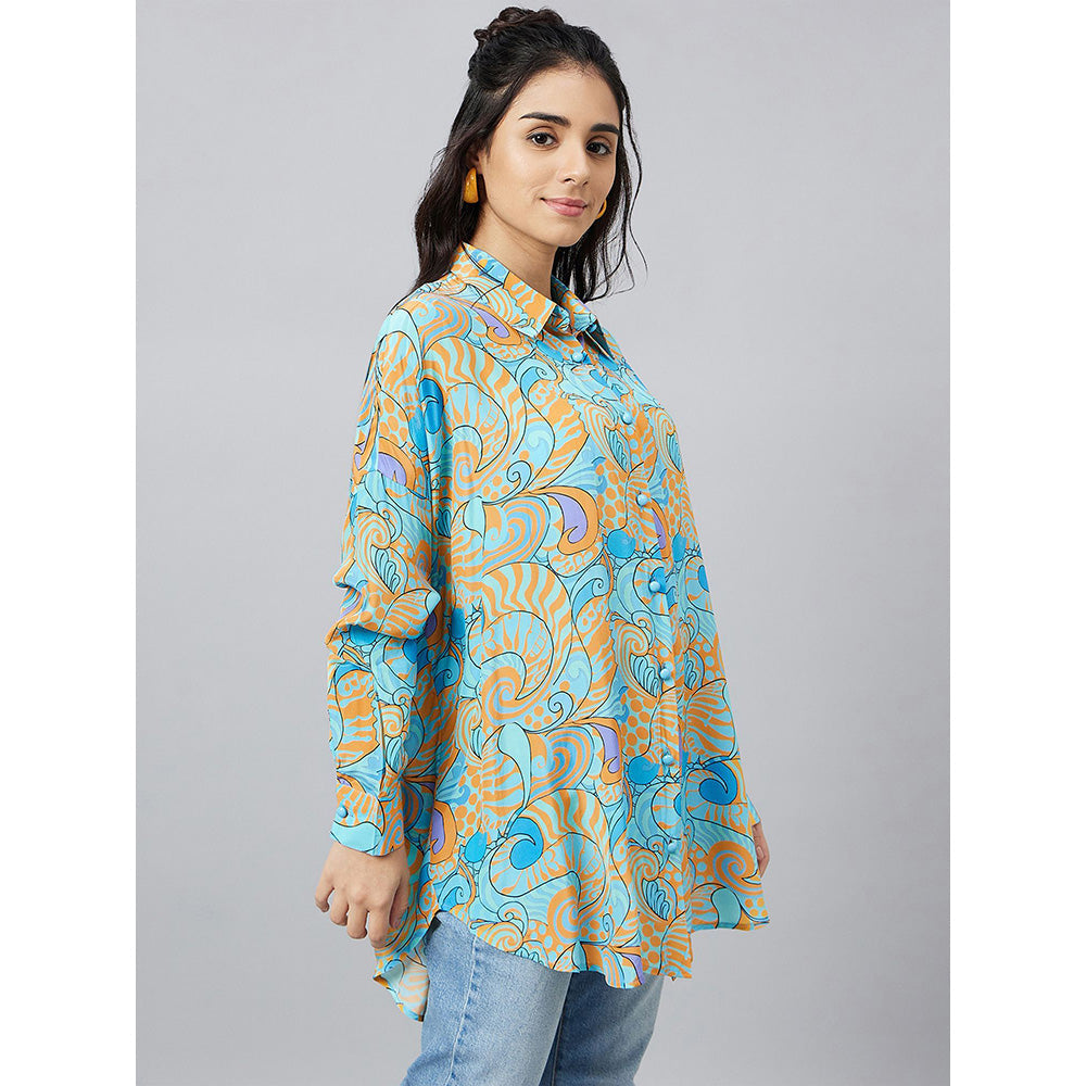 First Resort by Ramola Bachchan Blue and Citrus Orange Pucci Print Boyfriend Shirt