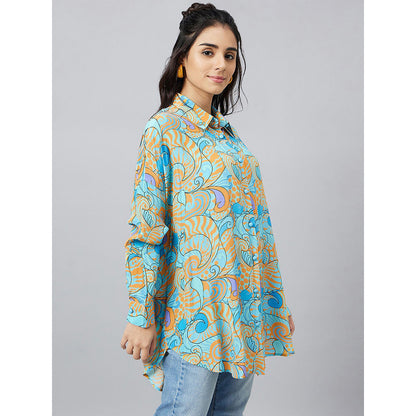 First Resort by Ramola Bachchan Blue and Citrus Orange Pucci Print Boyfriend Shirt
