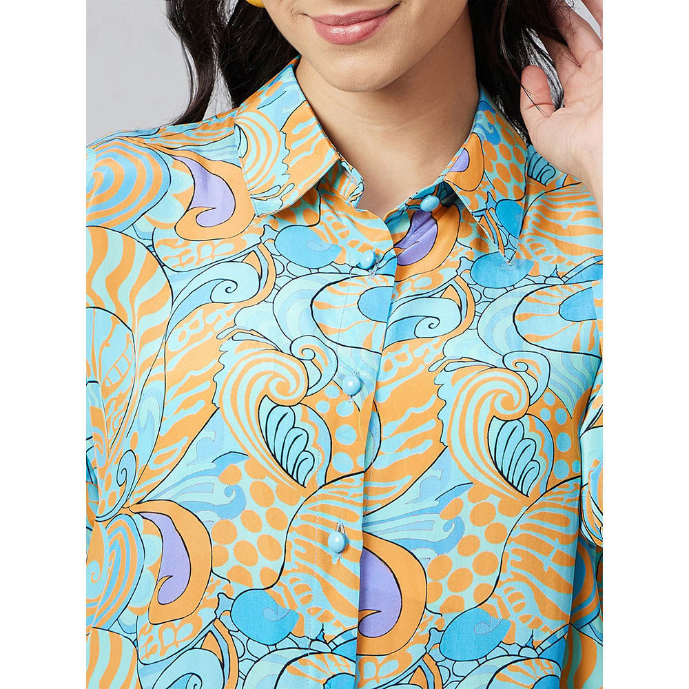 First Resort by Ramola Bachchan Blue and Citrus Orange Pucci Print Boyfriend Shirt