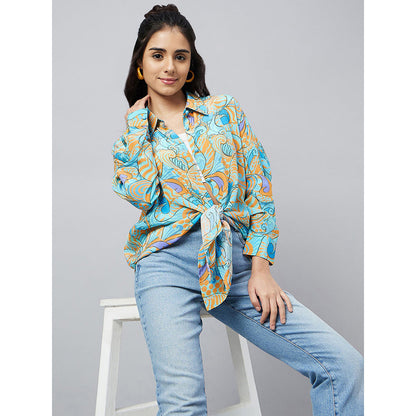 First Resort by Ramola Bachchan Blue and Citrus Orange Pucci Print Boyfriend Shirt