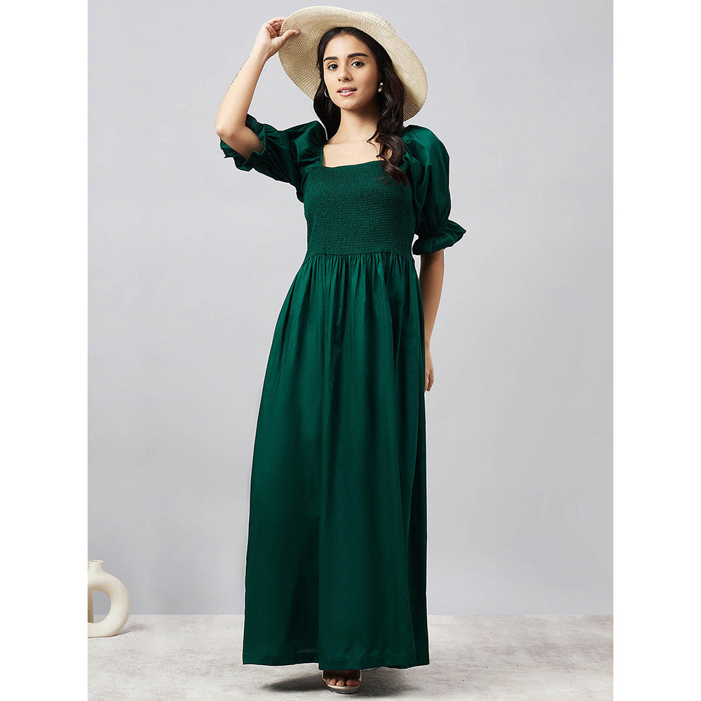First Resort by Ramola Bachchan Bottle Green Smocked Maxi Dress