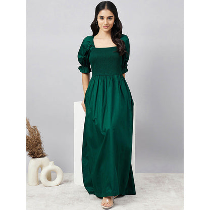 First Resort by Ramola Bachchan Bottle Green Smocked Maxi Dress
