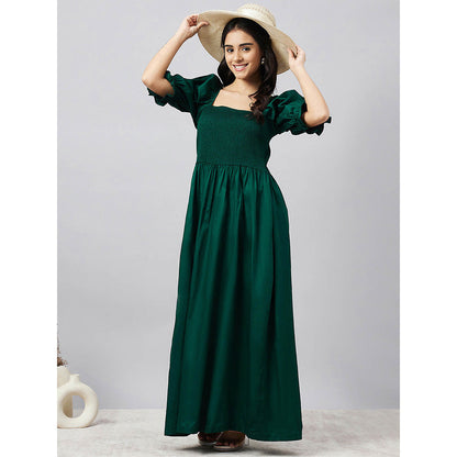 First Resort by Ramola Bachchan Bottle Green Smocked Maxi Dress