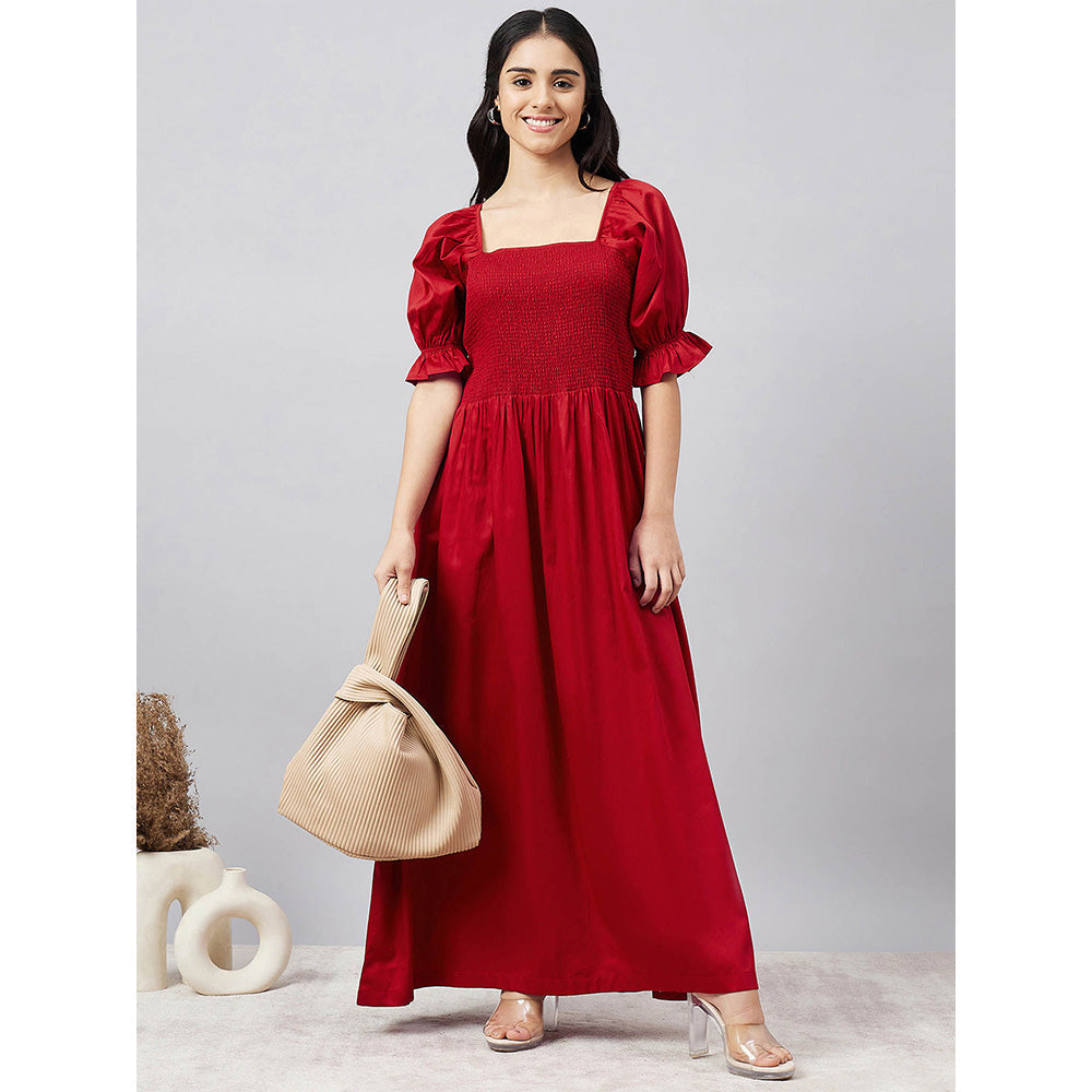 First Resort by Ramola Bachchan Red Smocked Maxi Dress