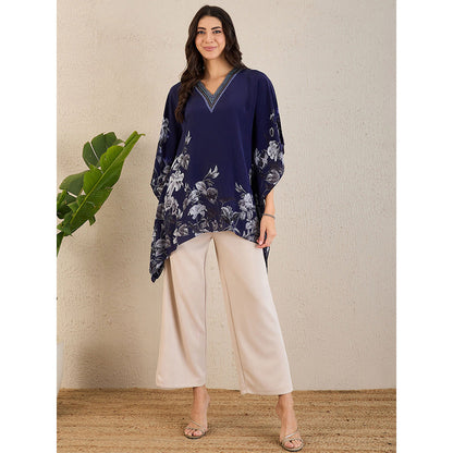 First Resort by Ramola Bachchan Dark Blue Embellished Floral Kaftan Top