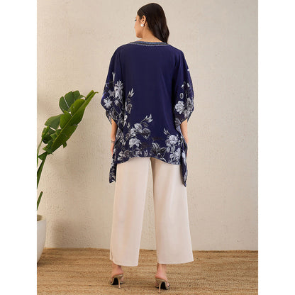First Resort by Ramola Bachchan Dark Blue Embellished Floral Kaftan Top