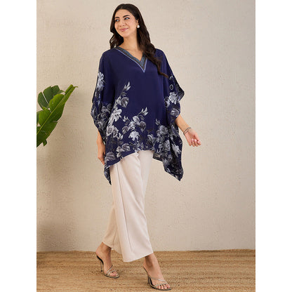 First Resort by Ramola Bachchan Dark Blue Embellished Floral Kaftan Top
