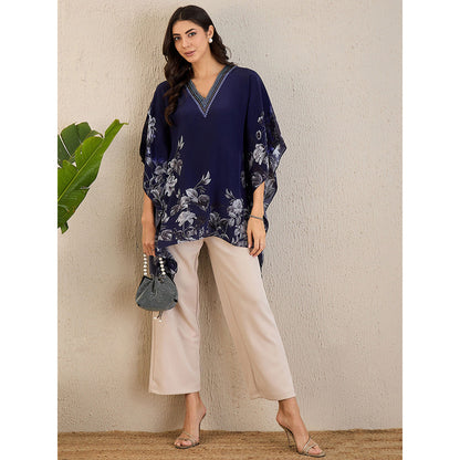 First Resort by Ramola Bachchan Dark Blue Embellished Floral Kaftan Top