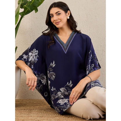 First Resort by Ramola Bachchan Dark Blue Embellished Floral Kaftan Top