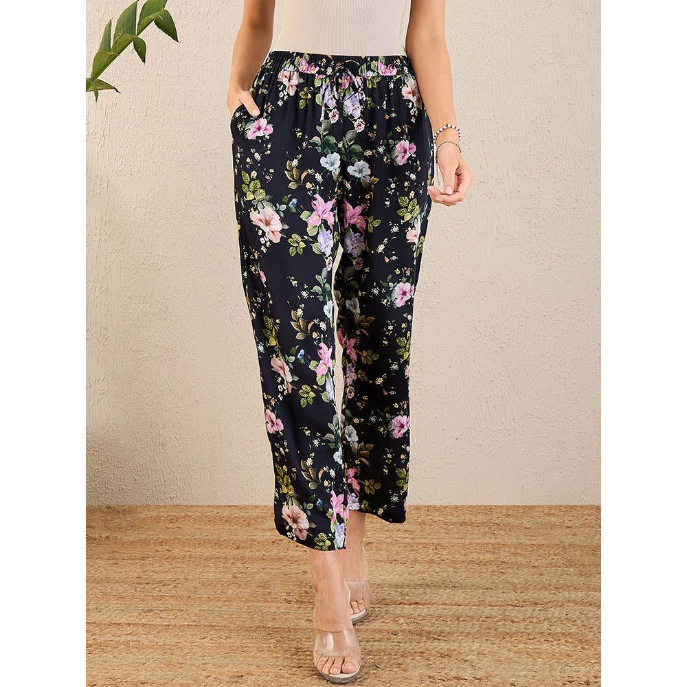 First Resort by Ramola Bachchan Black & Pink Garden Print Straight Pant