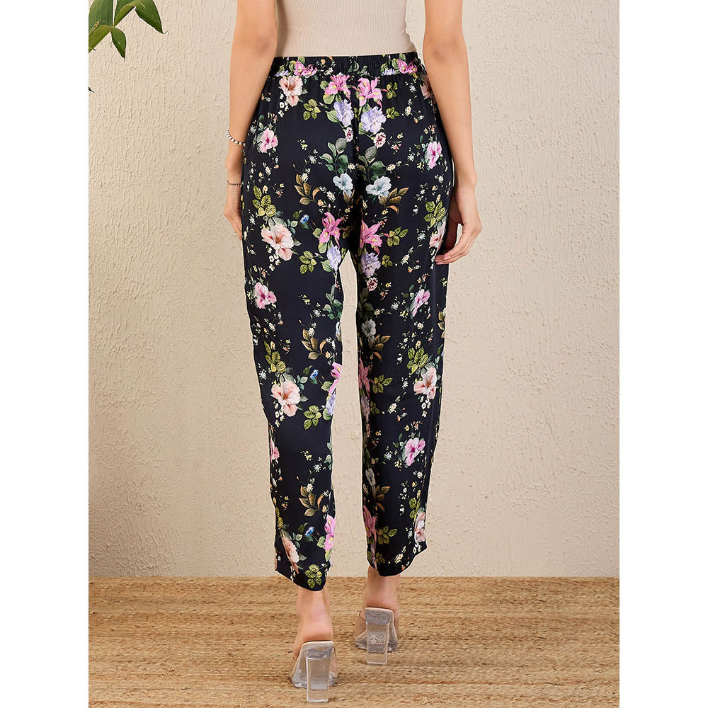 First Resort by Ramola Bachchan Black & Pink Garden Print Straight Pant