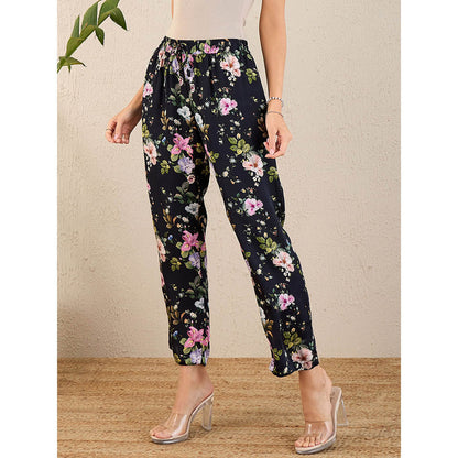 First Resort by Ramola Bachchan Black & Pink Garden Print Straight Pant