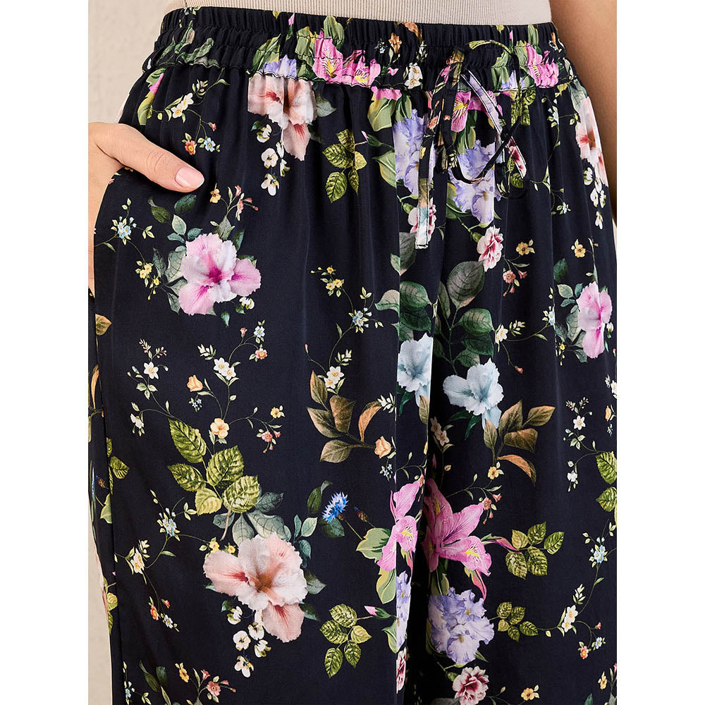 First Resort by Ramola Bachchan Black & Pink Garden Print Straight Pant