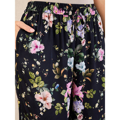 First Resort by Ramola Bachchan Black & Pink Garden Print Straight Pant