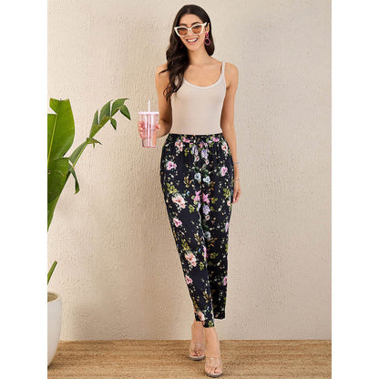 First Resort by Ramola Bachchan Black & Pink Garden Print Straight Pant