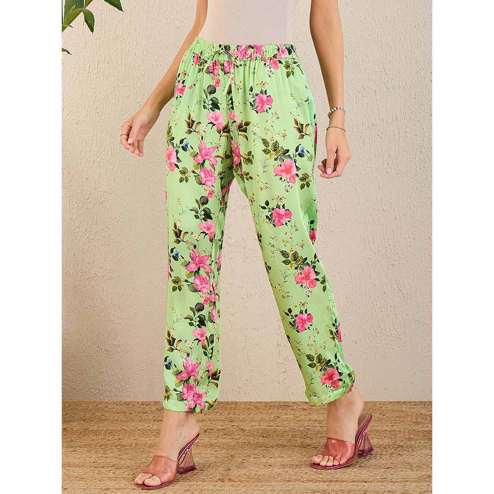 First Resort by Ramola Bachchan Mint Green & Pink Garden Print Straight Pant