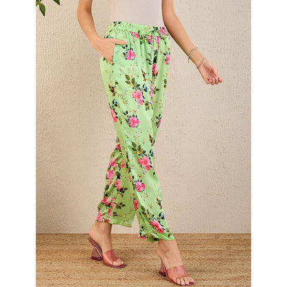 First Resort by Ramola Bachchan Mint Green & Pink Garden Print Straight Pant