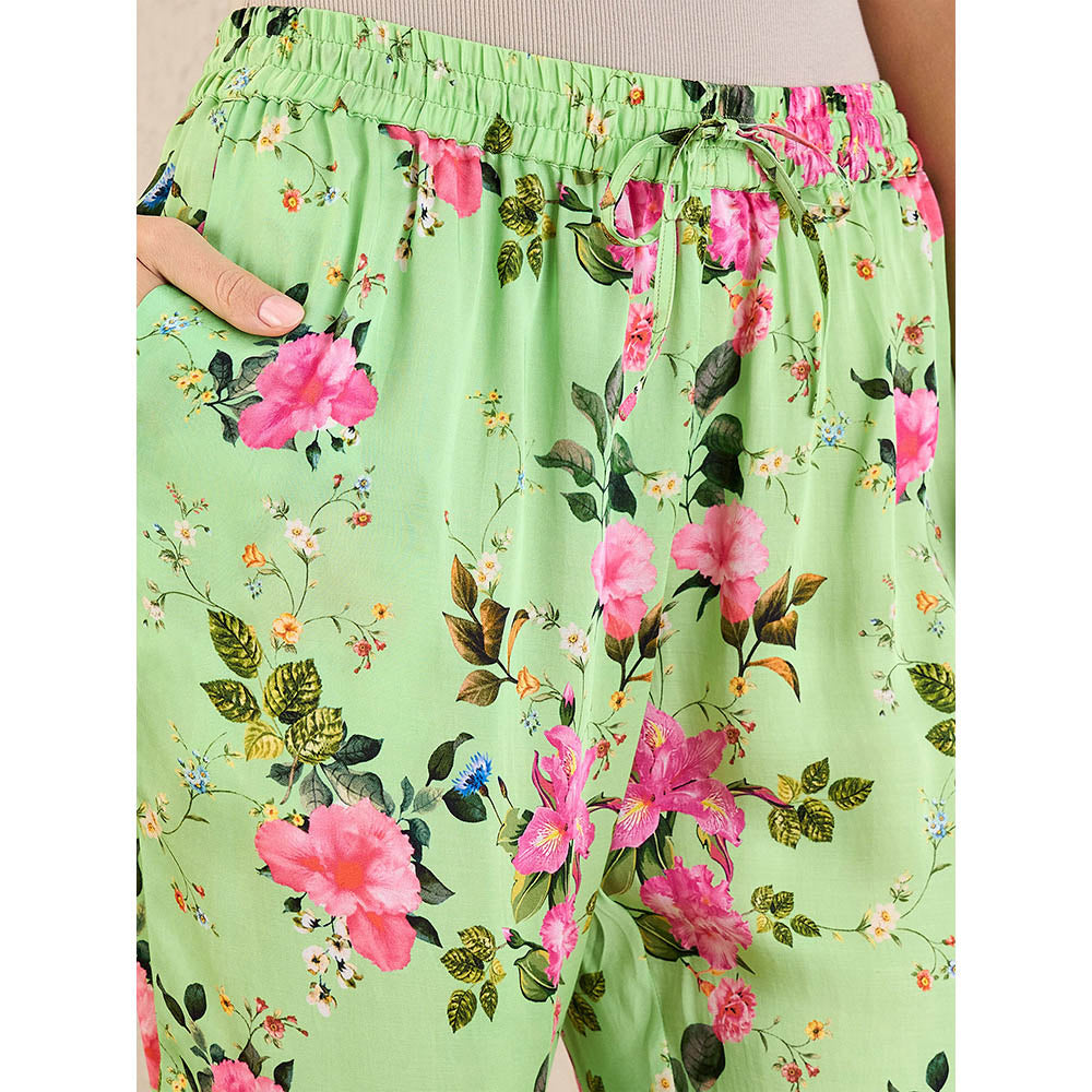 First Resort by Ramola Bachchan Mint Green & Pink Garden Print Straight Pant