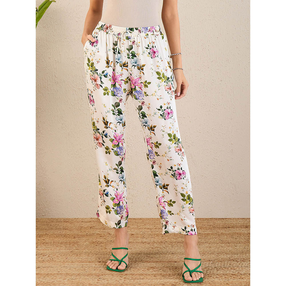 First Resort by Ramola Bachchan White & Pink Garden Print Straight Pant