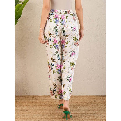 First Resort by Ramola Bachchan White & Pink Garden Print Straight Pant