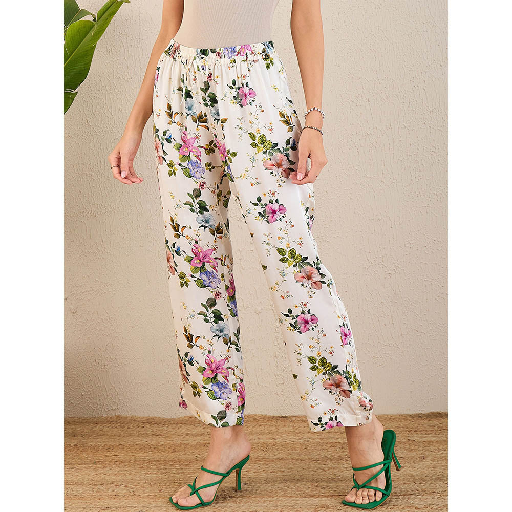 First Resort by Ramola Bachchan White & Pink Garden Print Straight Pant
