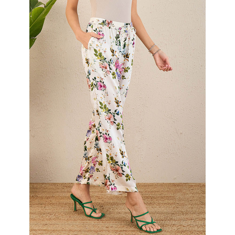 First Resort by Ramola Bachchan White & Pink Garden Print Straight Pant