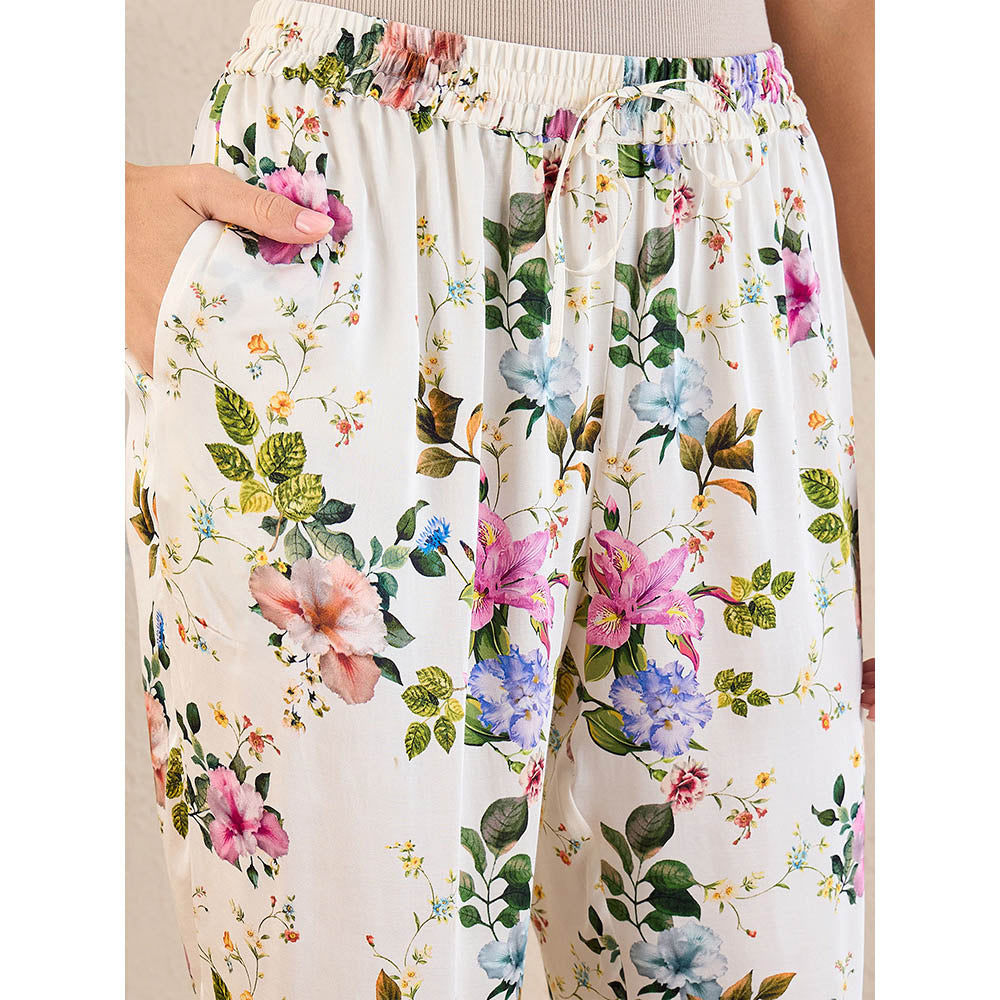 First Resort by Ramola Bachchan White & Pink Garden Print Straight Pant