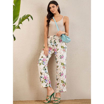 First Resort by Ramola Bachchan White & Pink Garden Print Straight Pant