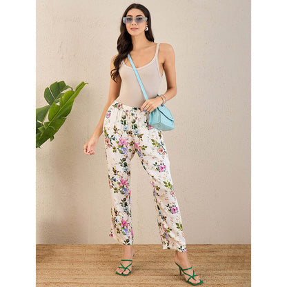 First Resort by Ramola Bachchan White & Pink Garden Print Straight Pant