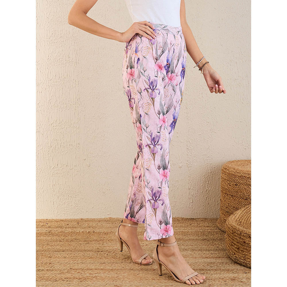 First Resort by Ramola Bachchan Baby Pink & Mauve Botanical Print Schiffli Straight Pant