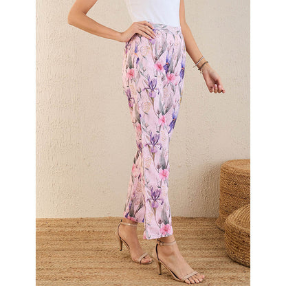 First Resort by Ramola Bachchan Baby Pink & Mauve Botanical Print Schiffli Straight Pant