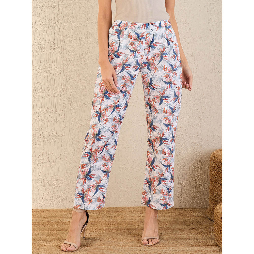 First Resort by Ramola Bachchan White & Indigo Blue Botanical Print Schiffli Straight Pant