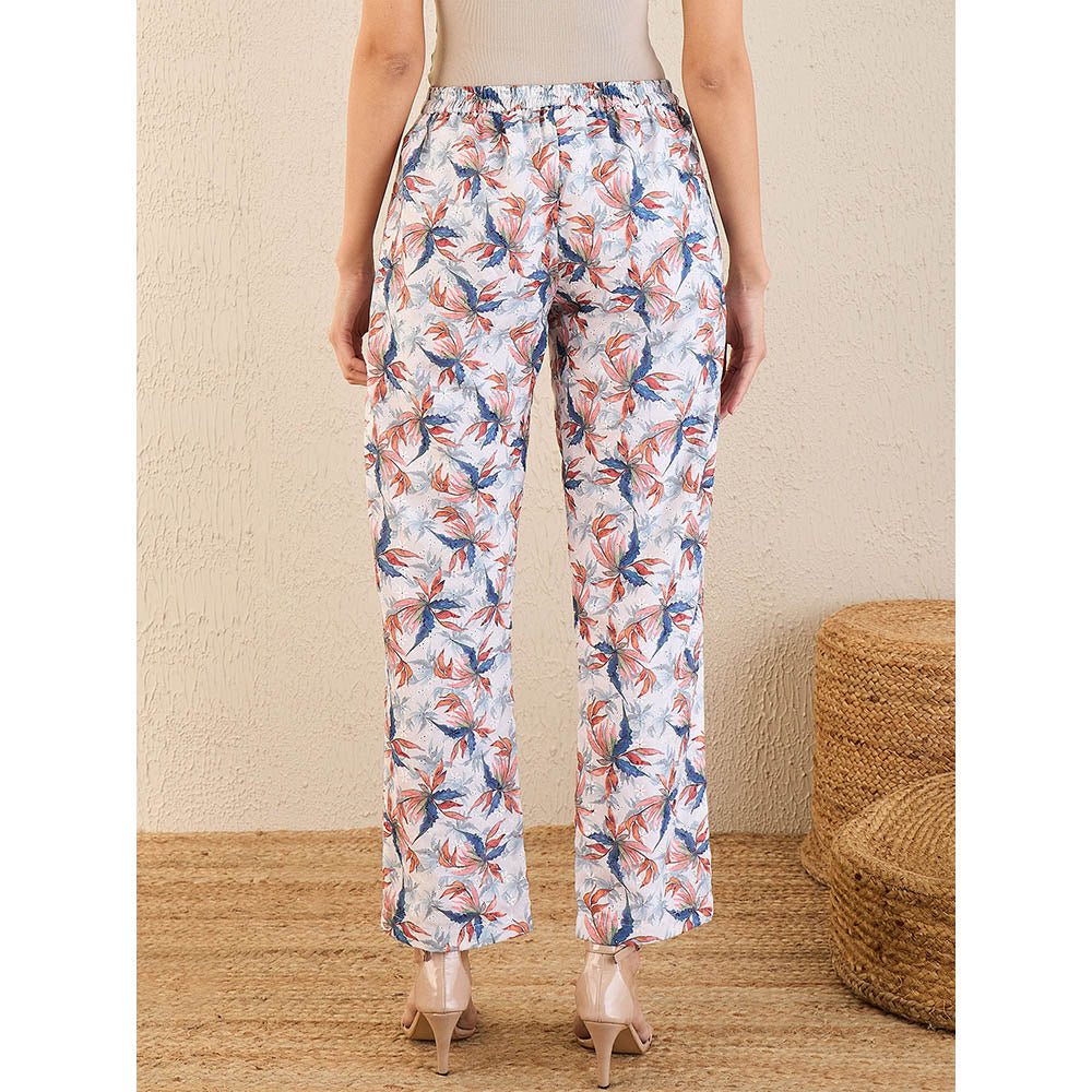 First Resort by Ramola Bachchan White & Indigo Blue Botanical Print Schiffli Straight Pant