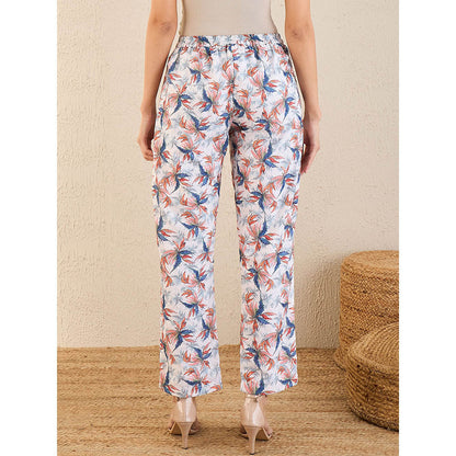 First Resort by Ramola Bachchan White & Indigo Blue Botanical Print Schiffli Straight Pant
