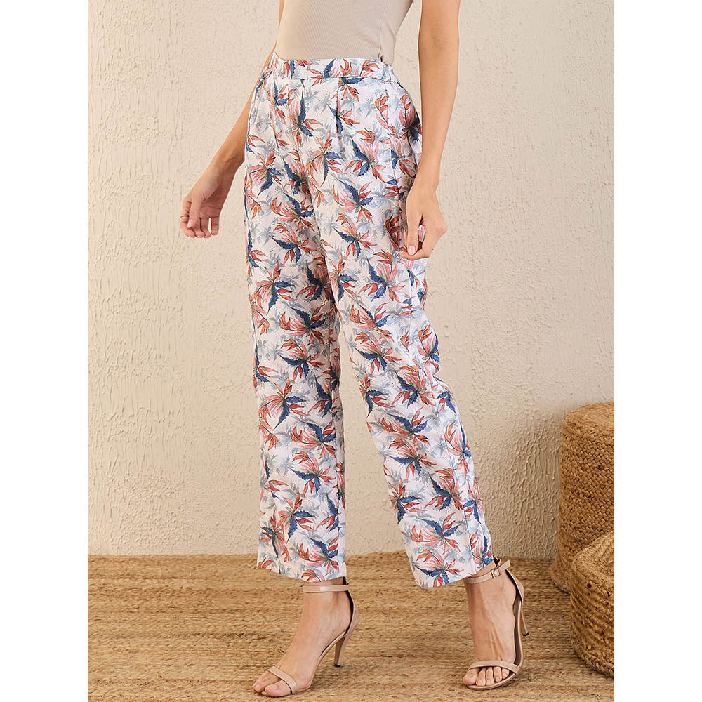 First Resort by Ramola Bachchan White & Indigo Blue Botanical Print Schiffli Straight Pant
