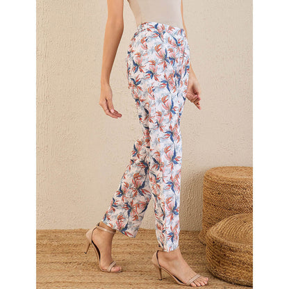 First Resort by Ramola Bachchan White & Indigo Blue Botanical Print Schiffli Straight Pant