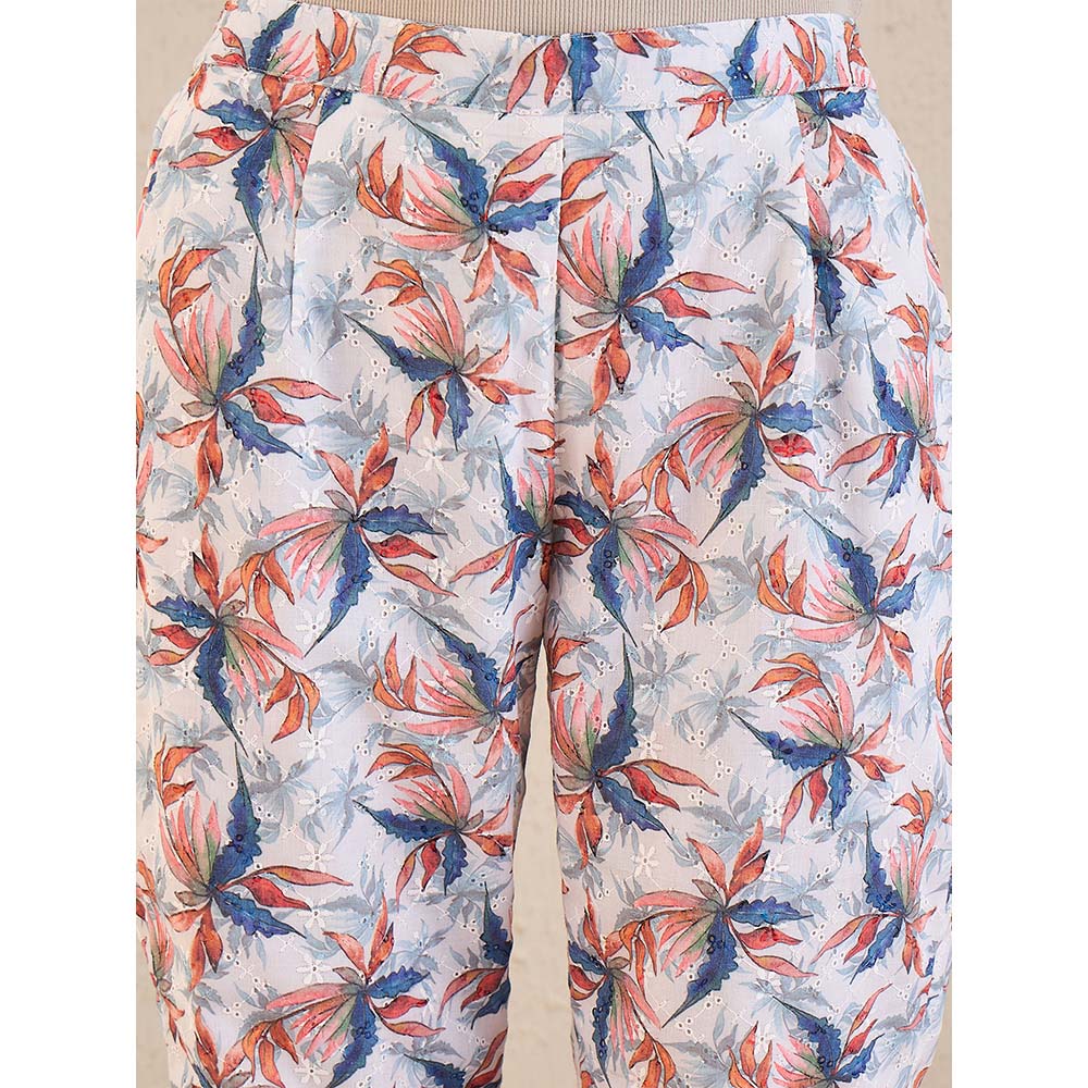 First Resort by Ramola Bachchan White & Indigo Blue Botanical Print Schiffli Straight Pant