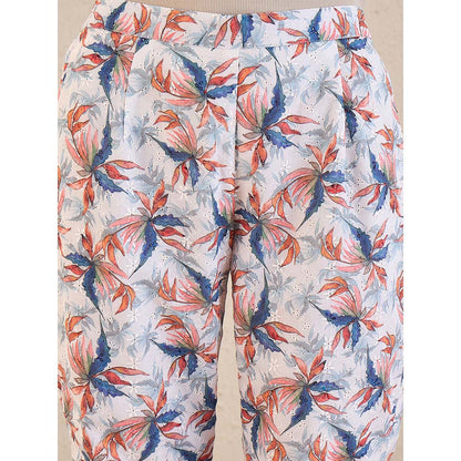First Resort by Ramola Bachchan White & Indigo Blue Botanical Print Schiffli Straight Pant