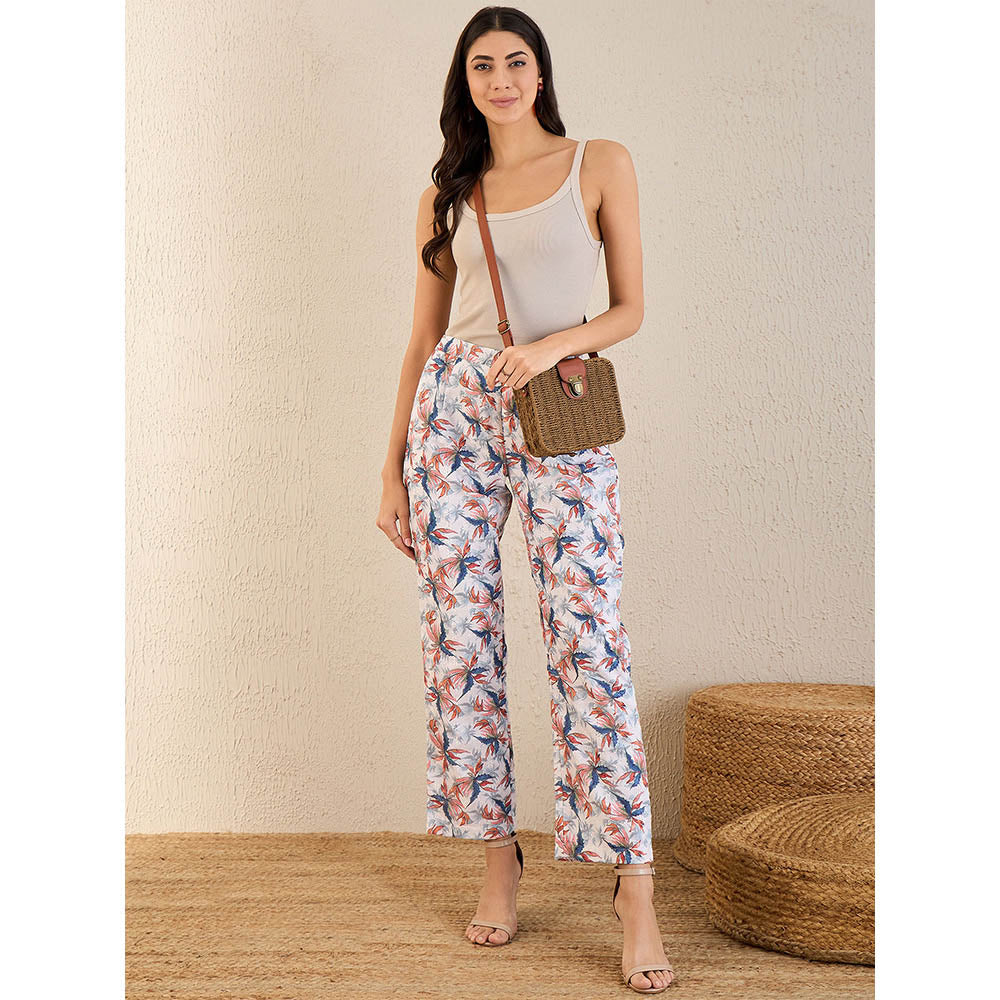 First Resort by Ramola Bachchan White & Indigo Blue Botanical Print Schiffli Straight Pant