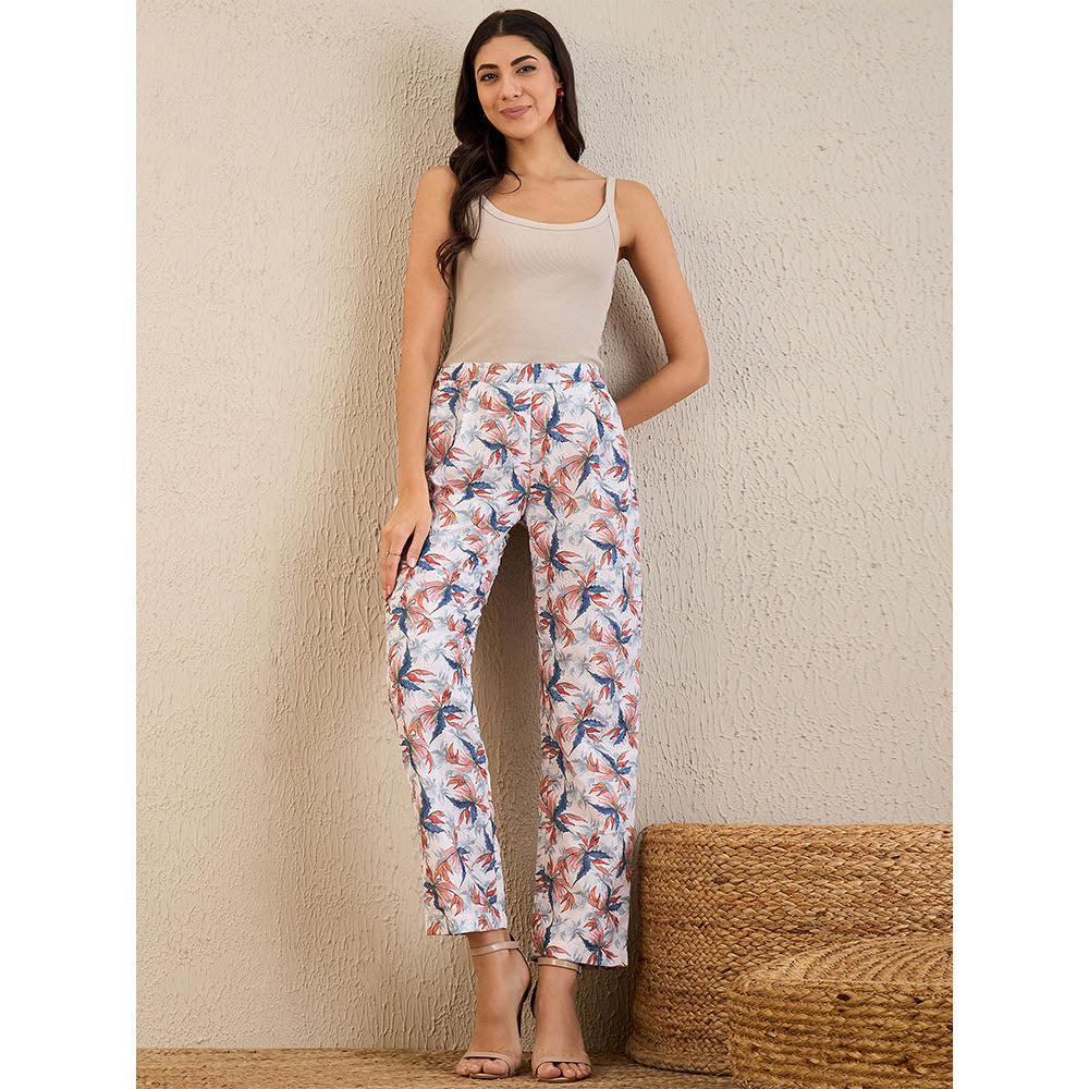 First Resort by Ramola Bachchan White & Indigo Blue Botanical Print Schiffli Straight Pant