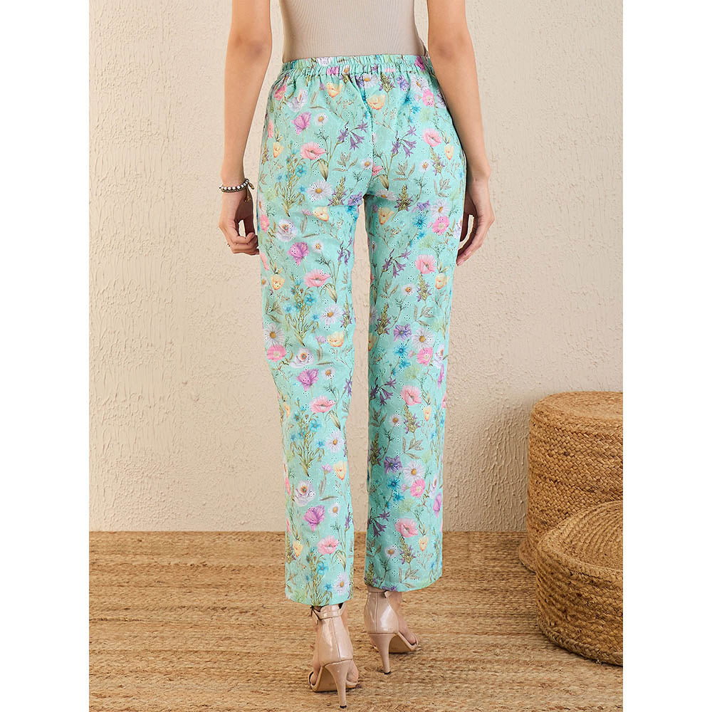 First Resort by Ramola Bachchan Aquamarine Floral Print Schiffli Straight Pant