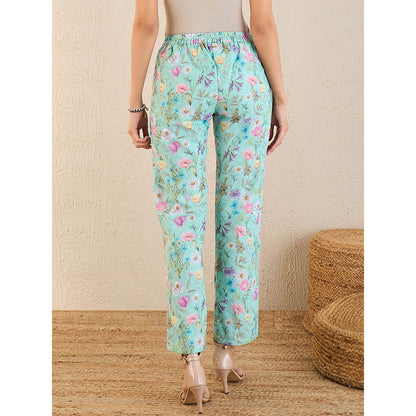 First Resort by Ramola Bachchan Aquamarine Floral Print Schiffli Straight Pant