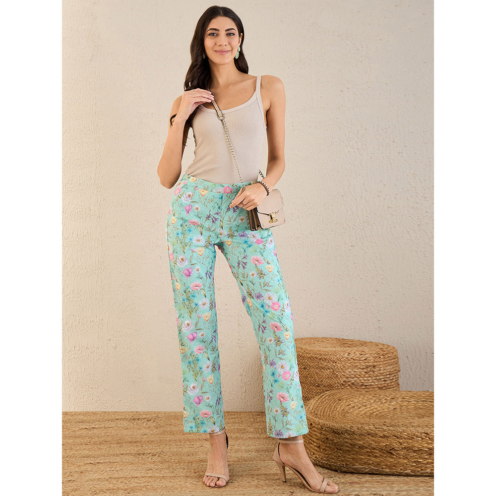 First Resort by Ramola Bachchan Aquamarine Floral Print Schiffli Straight Pant