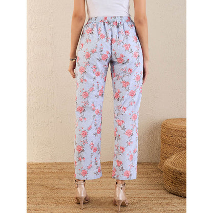 First Resort by Ramola Bachchan Ice Blue & Pink Floral Print Schiffli Straight Pant