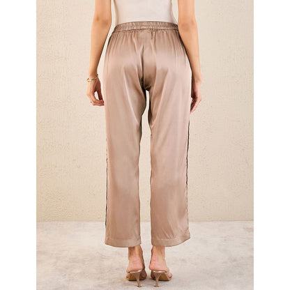 First Resort by Ramola Bachchan Hazel Brown Pintucked Straight Satin Pant